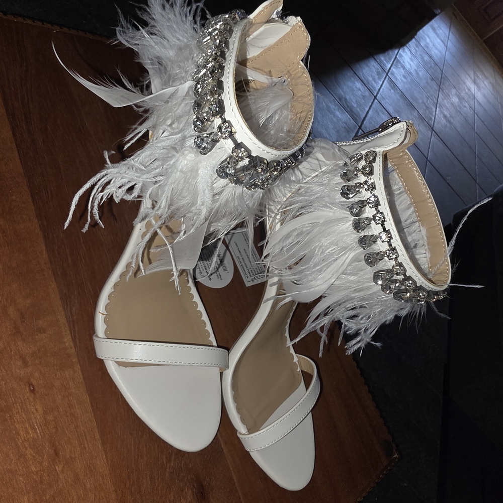 Zigi Soho White Feather & Crystal Ankle-Strap Heels